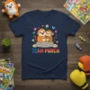 TEAM PUNCH text with cute cartoon monkeys hugging on a rock, surrounded by hearts and butterflies, on a navy t-shirt
