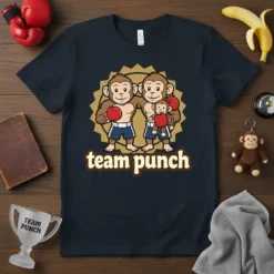 Team punch t-shirt design with two muscular monkeys and a baby monkey wearing boxing gloves and shorts