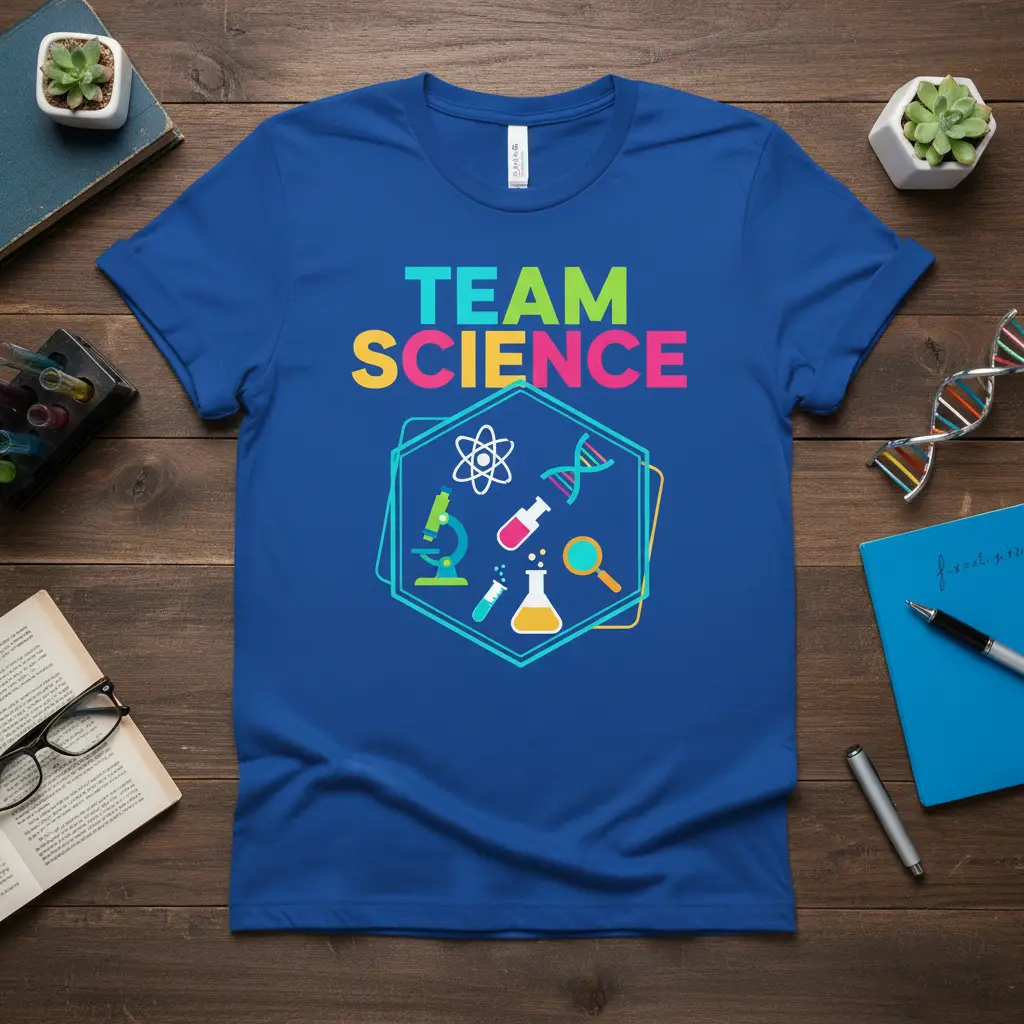 Team Science t-shirt design featuring colorful typography and scientific laboratory icons