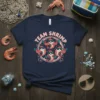 Team Shrimp text with cartoon shrimp characters lifting weights on a navy blue t-shirt