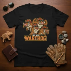 Team Warthog t-shirt design with four cartoon warthogs wearing sunglasses and the text "TEAM WARTHOG" below them