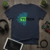 Navy t-shirt featuring a green circuit board graphic with blue lines and the text "ניר TECH" in black