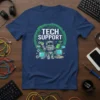 Tech Support T-Shirt with a cartoon robot holding tools and a phone, surrounded by computers and circuit board design