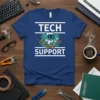 Tech Support t-shirt with a cute robot holding a wrench and colorful wires