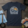 Navy t-shirt featuring the TECHLINE ROOFING & EXTERIORS logo with mountains and sun graphic