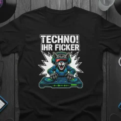 Black t-shirt featuring a cartoon cat DJ with "TECHNO! IHR FICKER" text above, surrounded by vinyl records and synthesizers