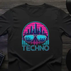 Black t-shirt with the word TECHNO in neon blue and pink, featuring retro sunglasses and cityscape graphic