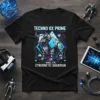 Techno Ox Prime Cybernetic Guardian T-Shirt with Model Z-88 text and futuristic bull graphic in neon colors