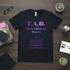Teen Advisory Board T-Shirt with gradient text and open book graphic, Brookline Public Library logo