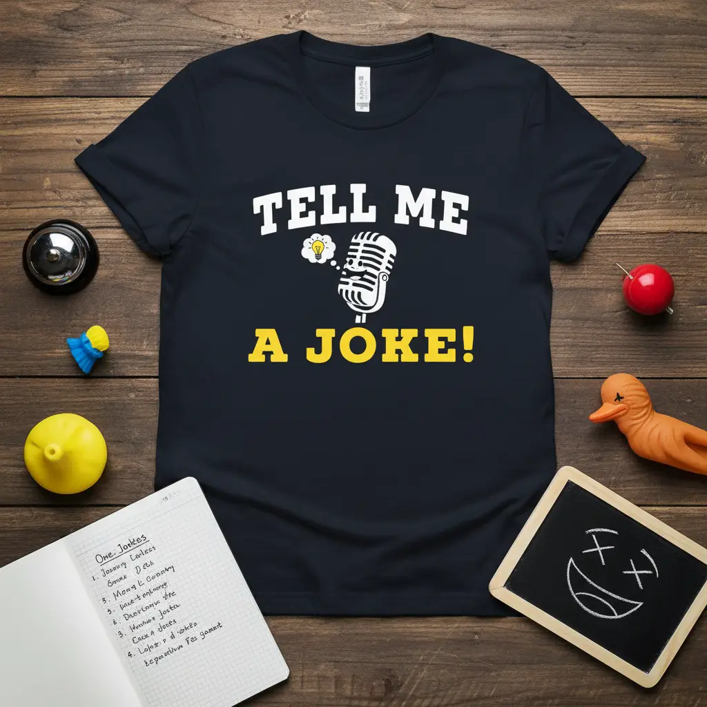 Tell Me A Joke! humorous quote design with vintage microphone and lightbulb on a dark t-shirt