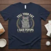 T-shirt with "Tell Your Cat I Said Pspsps" text and a grumpy cat graphic, navy blue color