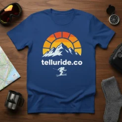 Telluride.co ski mountain sunset t-shirt design featuring a skier silhouette, mountains, and a colorful sun arc