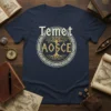 Temet AOSCE text with a Celtic Tree of Life graphic on a navy blue t-shirt