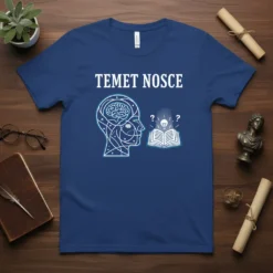 Temet Nosce t-shirt with white text and graphic of a head with a brain and an open book with a