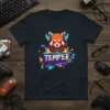 Temper MX T-Shirt featuring a cartoon red panda wearing headphones and DJ equipment, with vibrant geometric graphics