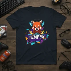 Temper MX T-Shirt featuring a cartoon red panda wearing headphones and DJ equipment, with vibrant geometric graphics