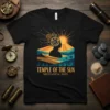 Temple of the Sun Mechanical Soul t-shirt design featuring a silhouette with gears in head, rising sun, and waves