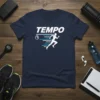 Navy blue t-shirt with "TEMPO" text and a running silhouette graphic, featuring a stopwatch and speed lines