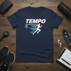 Navy blue t-shirt with "TEMPO" text and a running silhouette graphic, featuring a stopwatch and speed lines