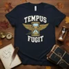 Tempus Fugit Latin quote t-shirt with a winged hourglass graphic in gold and blue