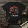 Temüjin T-Shirt design with a warrior on horseback and a panther, set against a mountain backdrop
