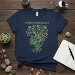 Navy t-shirt with "Tending My Inner Garden" text and a graphic of a human head profile filled with growing plants