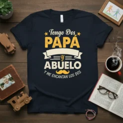 Spanish t-shirt design saying "Tengo Dos Papá y Abuelo y Me Encantan Los Dos" with bold typography and a mustache