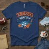 Tennessee 1796 graphic t-shirt featuring mountains, winding river, acoustic guitar, and football helmet in vintage style