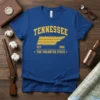 Tennessee The Volunteer State Est. 1868 graphic t-shirt in royal blue with yellow text and state outline