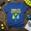 Tennis It's Racquet Science t-shirt with bold yellow and white text, featuring a tennis racket, ball, and science beakers