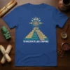 Tenochtitlan Empire t-shirt with a stylized Aztec pyramid and sun symbol in gold and teal