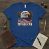 TEPUBLICAN text with an eagle and American flag graphic on a blue t-shirt