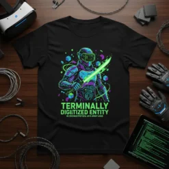 Terminally Digitized Entity T-Shirt with VR warrior graphic and neon circuit board details