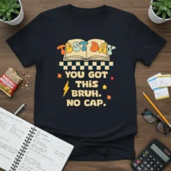 Black t-shirt with "Test Day You Got This Bruh. No Cap." text, open book graphic, and colorful retro design elements