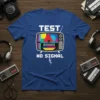 Blue t-shirt with "TEST NO SIGNAL" text and a vintage television test pattern graphic