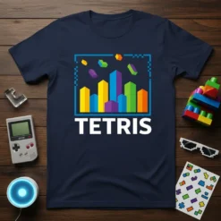 Navy blue t-shirt featuring the Tetris logo with colorful pixelated falling blocks and cityscape graphic