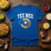 Blue t-shirt with white "TEX MEX" text and a graphic of Texas outline filled with a star and chili pepper