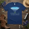 Texas Bluebonnet Longhorn Skull T-Shirt design with "TEXAS" text and a landscape view inside the horns