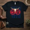 Black t-shirt with TEXAS INFINITY TEXAS text and longhorn skull graphic, featuring red infinity symbol