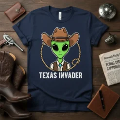 Navy blue t-shirt featuring a green alien wearing a cowboy hat and vest with the text TEXAS INVADER below, Texas