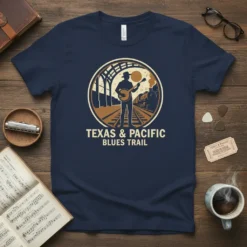 Texas & Pacific Blues Trail t-shirt design featuring a banjo player on train tracks with a steam locomotive