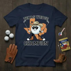 Texas Wedge Champion t-shirt design featuring a cartoon golf ball wearing a cowboy hat and sunglasses, holding golf clubs, with