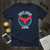 Navy t-shirt featuring a circular logo with a red eagle, circuit board patterns, and the text "TEXT COIN COIN" for