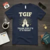 Navy blue t-shirt with "TGIF Thank God It's Friday" text and praying hands graphic