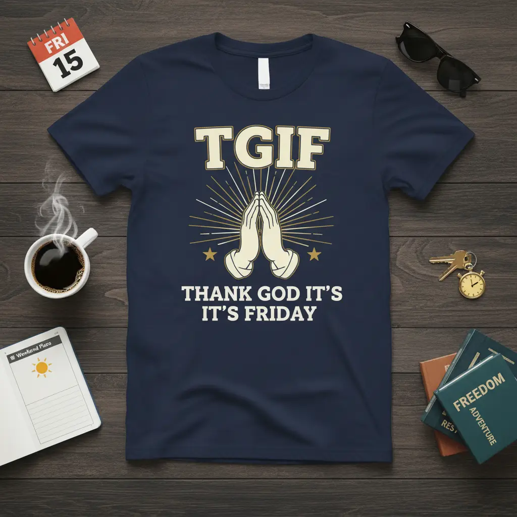 TGIF Thank God It's Friday graphic tee with praying hands and sunburst design