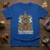 Thai Guardian Temple Defender text on a blue t-shirt featuring a detailed illustration of a mythical protector