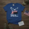 Blue t-shirt with "THANK YOU FOR YOUR SERVICE" text, eagle, soldiers, and American flag graphic