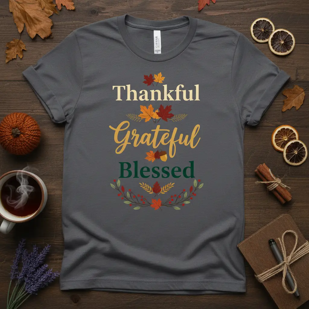 Thankful Grateful Blessed autumn quote with fall leaves and berries on a comfortable t-shirt