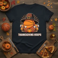 Thanksgiving Hoops t-shirt design featuring a basketball wearing a pilgrim hat surrounded by turkeys and pumpkins