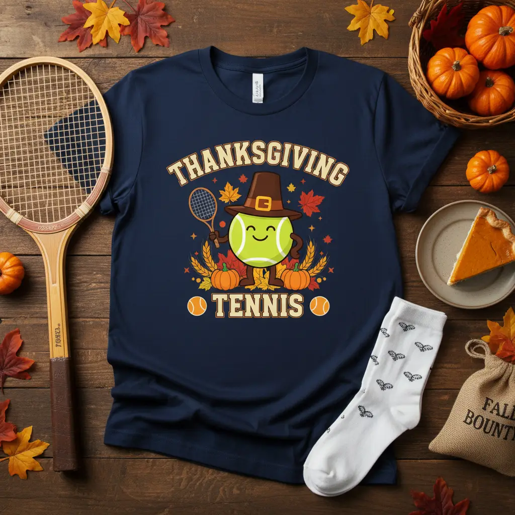 Thanksgiving Tennis graphic t-shirt with a smiling tennis ball wearing a pilgrim hat and holding a racket